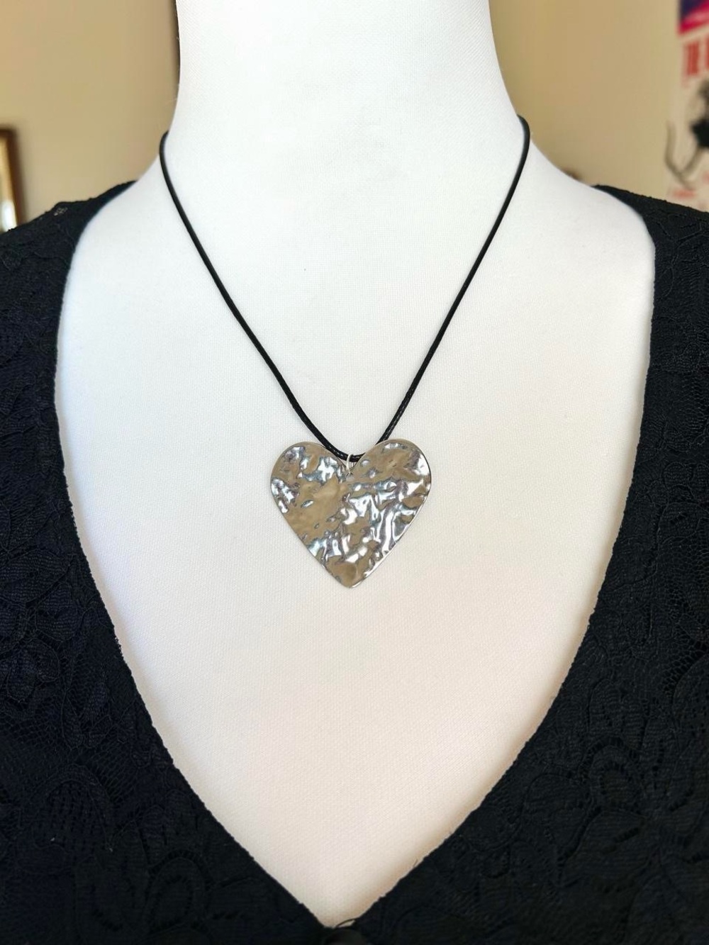 Silver Heart Pendant Necklace on Black Cord - Women Jewelry